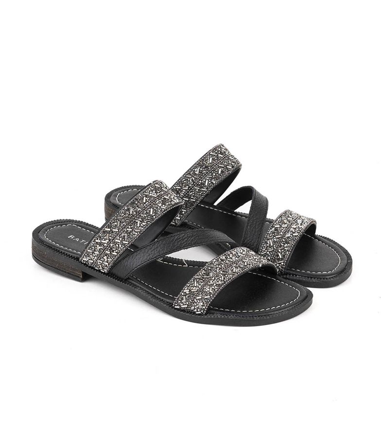 Sandalias bajas con brillo de cuero negro|Mujeres| Batistella.com.ar - Batistella Tienda Online 