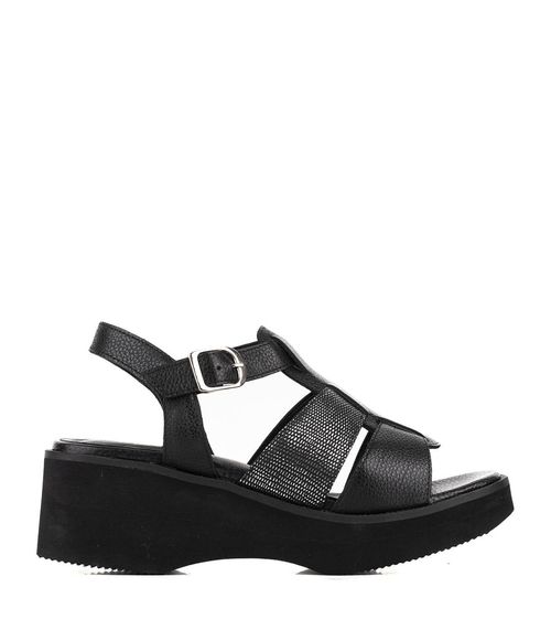 Sandalias taco chino combinadas de cuero en negro