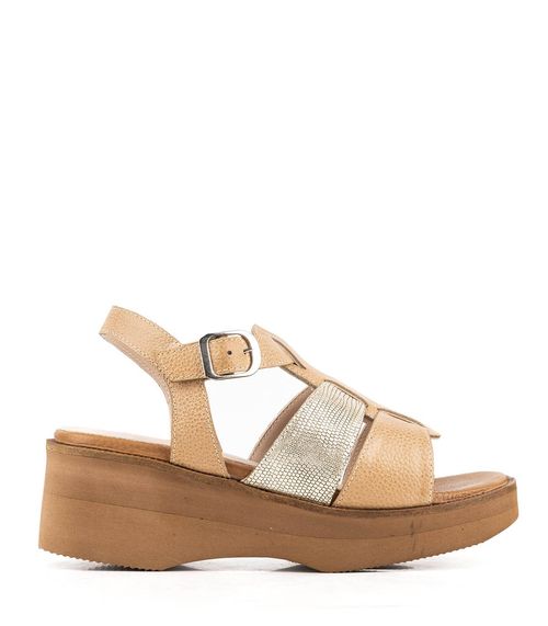 Sandalias taco chino combinadas de cuero en camel