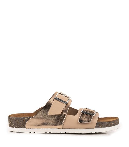 Birks de cuero metalizado en nude combinadas