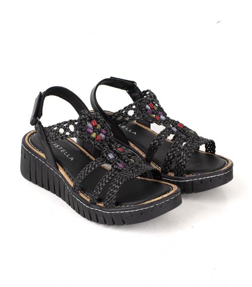 Sandalias taco chino trenzada en cuero negro