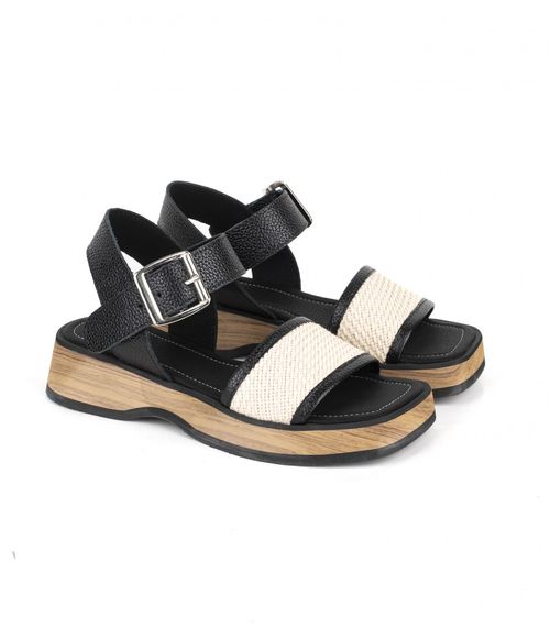 Sandalias bajas de rafia en cuero negro