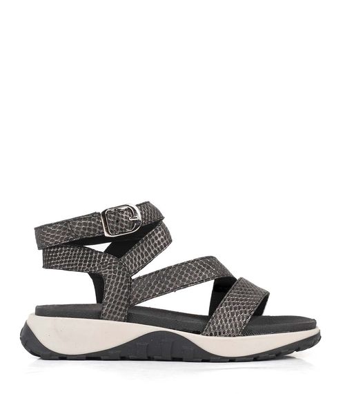 Sandalias bajas tira cruzada en cuero negro croco