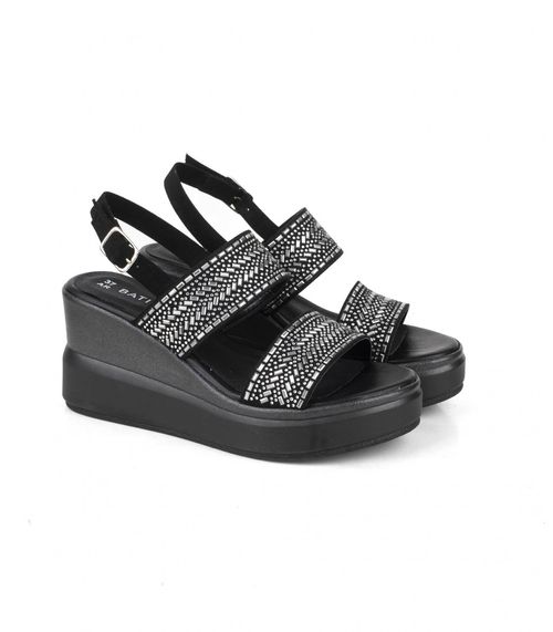 Sandalias taco chino negro en simil cuero con strass