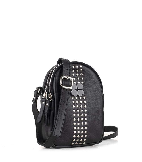 Mini bandolera de cuero negro con trébol y tachas