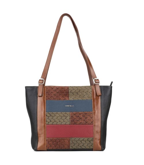 Cartera de cuero multicolor con diseño tramado en cuadros