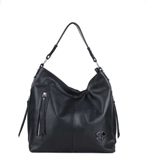 Cartera de cuero negra con manija y detalle de trébol