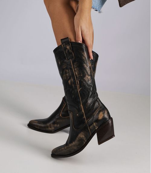 Botas texanas vintage taco bajo de cuero negro