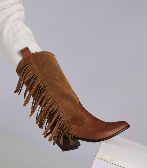 Botas texanas en cuero y gamuza suela con flecos
