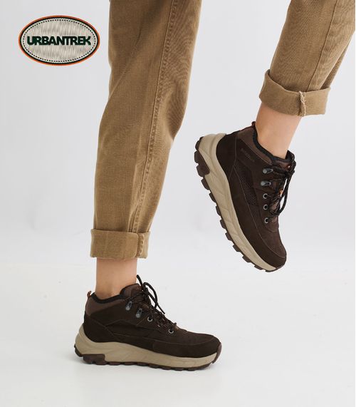 Zapatilla trekking de dama en cuero y tela cafe
