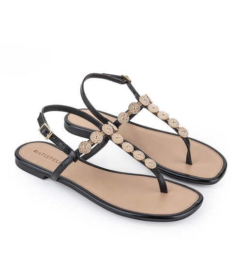 Sandalias bajas simil cuero con strass